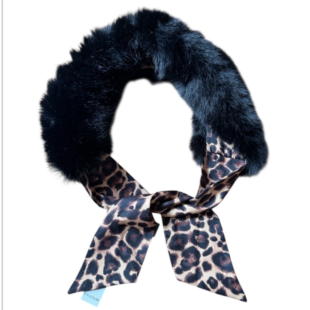 WHBM Black Faux Fur Scarf with Leopard Print NEW